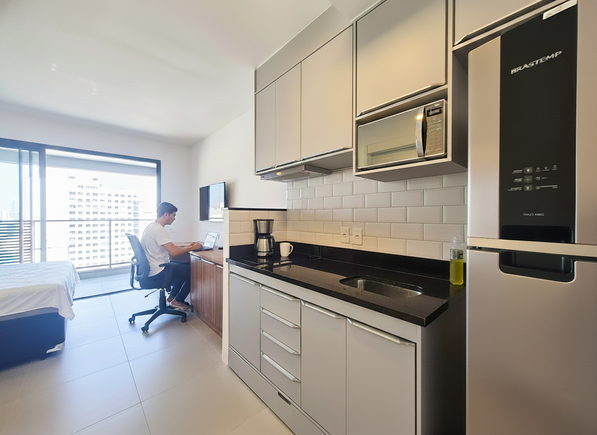 Studio mobiliado para locação na Vila Pompéia, novo, com varanda e ar-condicionado